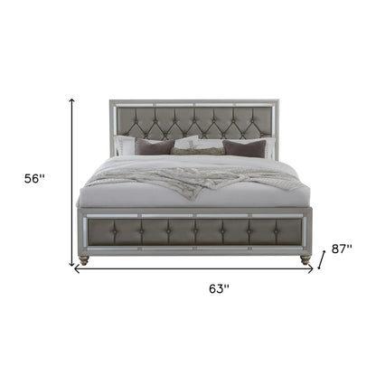Silver Wood And Tufted Linen Queen Bed Frame With Nailhead Trim-6