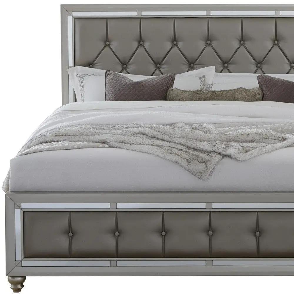 Silver Wood And Tufted Linen Queen Bed Frame With Nailhead Trim-4
