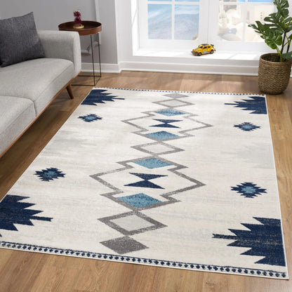 8' X 10' Blue and Ivory Southwestern Area Rug Homeroots