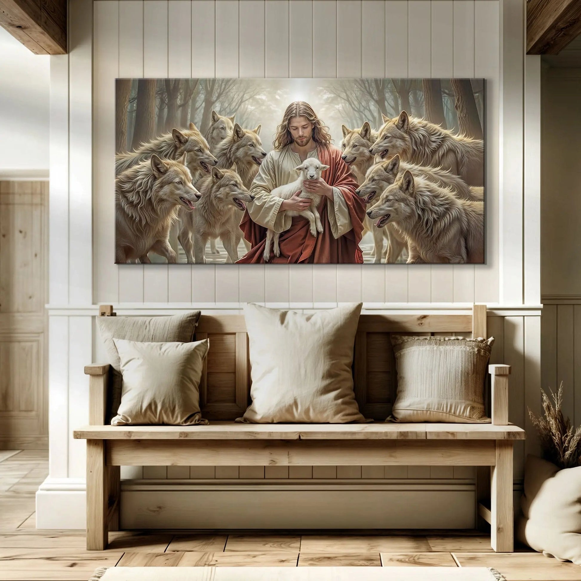 Jesus Protects The Lamb From Wolves Faith Wall Art II Tailored Canvases