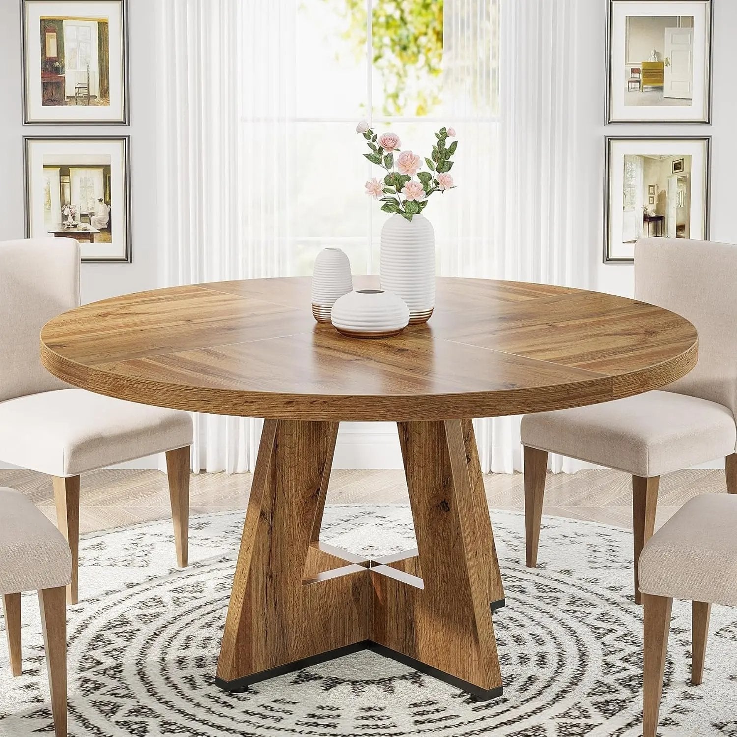 round Dining Table Wood Kitchen Table for Dining Room Living Room, 47" Dinning Room Tables for 4 Adult, Farmhouse Dinner Table with Wooden Tabletop and Cross Base, Burlywood(Only Table) ShipItFurniture