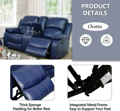 Manual Leather Recliner Sofa Set for Living Room Furniture Set,Leather Recliner Couch Set for Home/Office,Leather Couch Set for 3-Pieces(Sofa+Loveseat+Chair) Blue-4