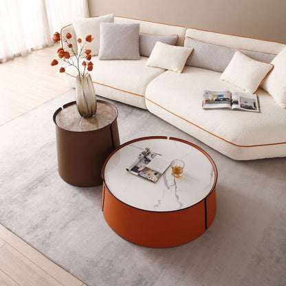 31.5" Coffee Table, Marble Top and Orange Saddle Leather Body G-BlakHom