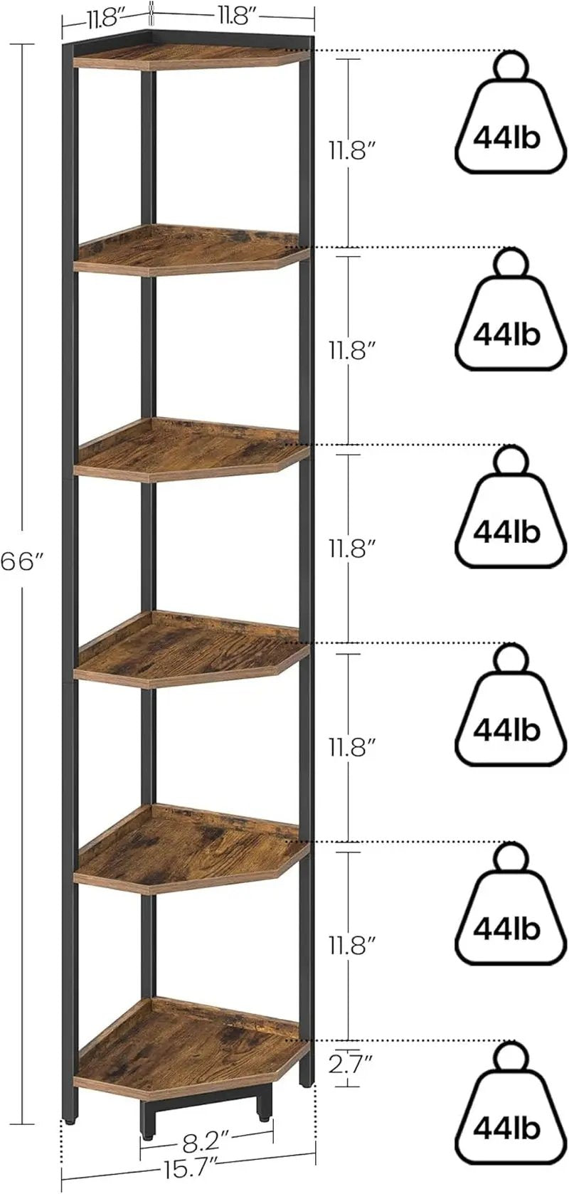 Corner Shelf Stand, Corner Bookshelf, Storage Standing Shelf Unit with Metal Frame, Plant Stand, Corner Bookcase for Living Room, Home Office, Bedroom, 6-Tier Rustic Brown CS06001B-1