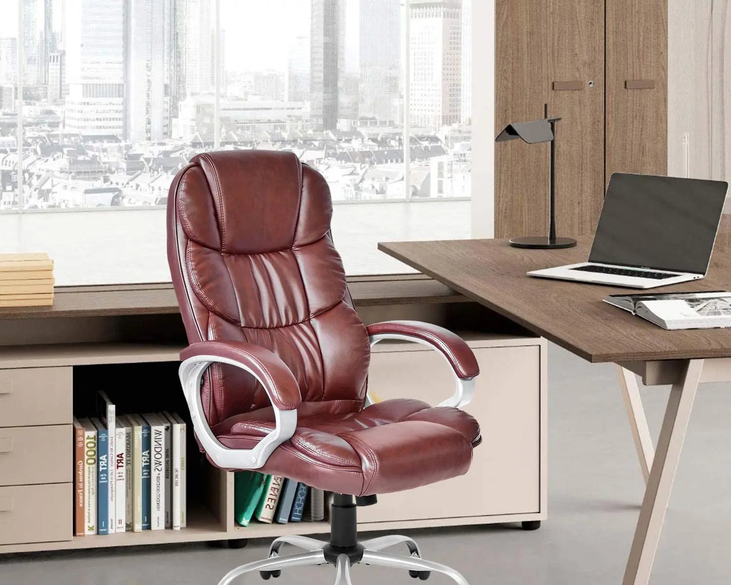 Office Chair Computer High Back Adjustable Ergonomic Desk Chair Executive PU Leather Swivel Task Chair with Armrests Lumbar Support (Brown)-1