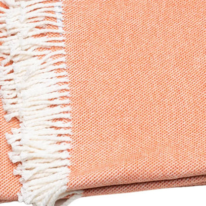 55" X 70" Coral And Ivory Cotton Woven Plush Throw Blanket with Tassels Homeroots