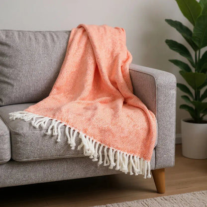 55" X 70" Coral And Ivory Cotton Woven Plush Throw Blanket with Tassels Homeroots