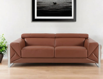 89" Camel Italian Leather Sofa With Silver Legs Homeroots