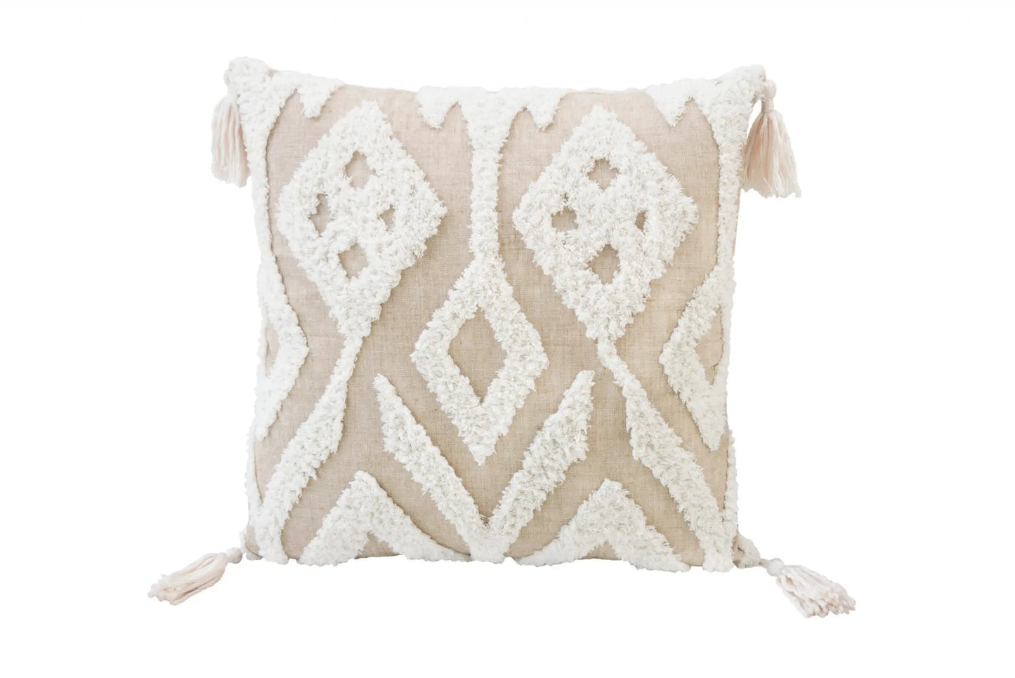 17" X 17" Beige And White Ikat Zippered Polyester Throw Pillow With Tassels Homeroots