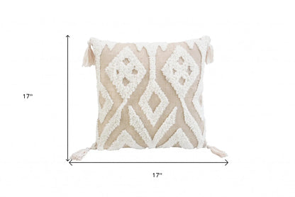 17" X 17" Beige And White Ikat Zippered Polyester Throw Pillow With Tassels Homeroots