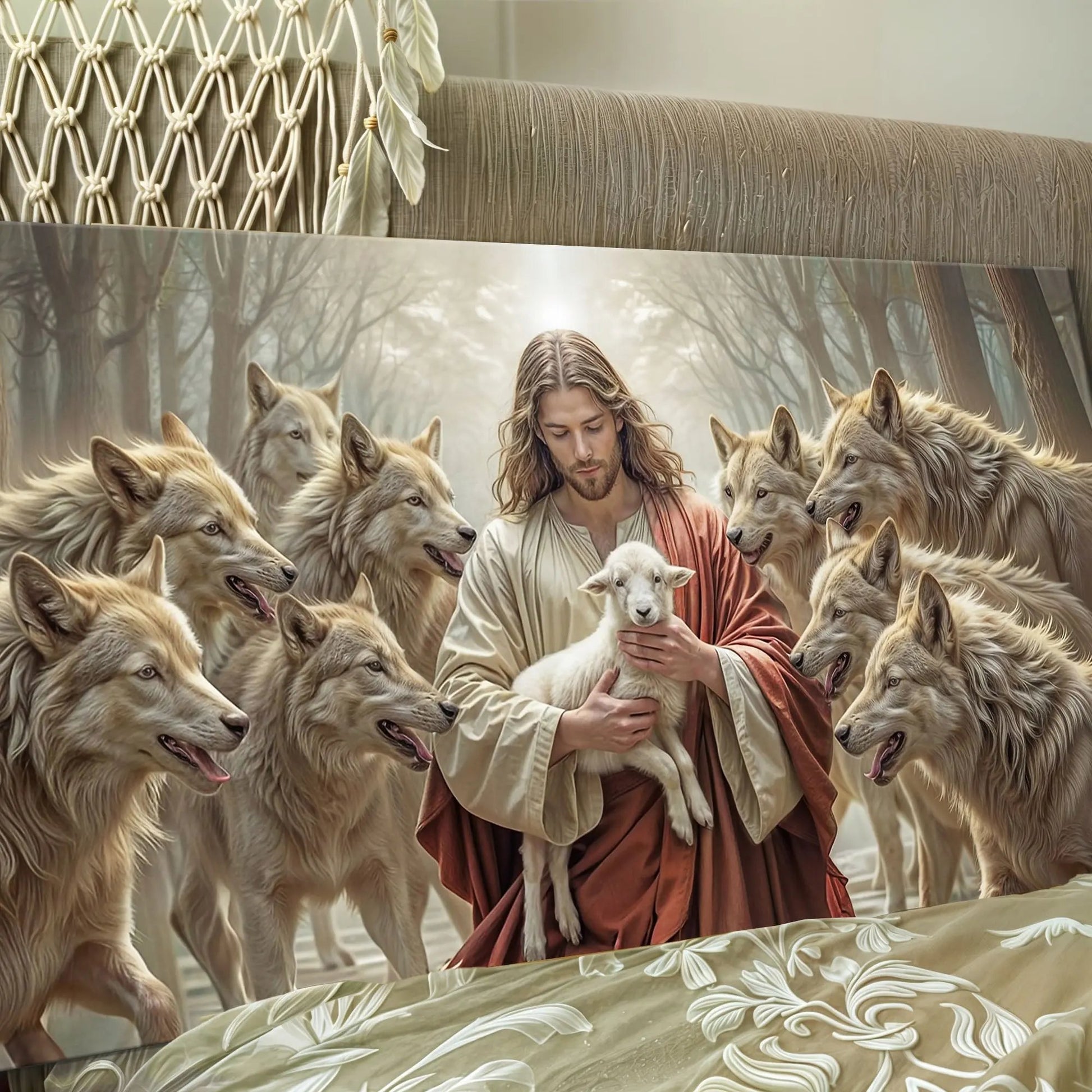 Jesus Protects The Lamb From Wolves Faith Wall Art II Tailored Canvases