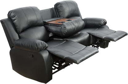 Black Vegan Leather 3-Seater Reclining Sofa Table, Cup Holders-4