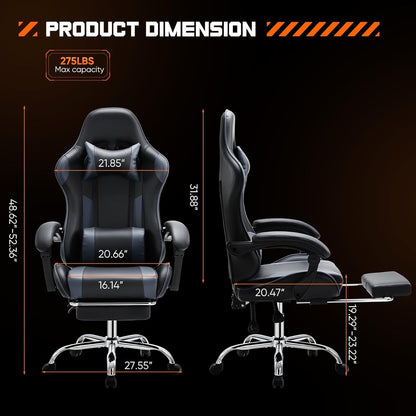 Video Game Desk Chair - Ergonomic Computer with Footrest and Comfy Lumbar Support, PU Leather Recliner with Headrest, Fixed up Armrest, Height Adjustable with 360° Swivel, for Adults, Grey ShipItFurniture
