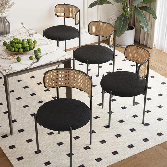 Kitchen Chairs Set of 4, Mid-Century Modern Dining Chairs,Kitchen Dining Room Chairs, Rattan Backrest round Upholstered Sherpa Dining Chairs,Black-0