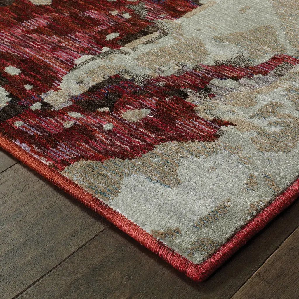7' X 10' Red and Beige Abstract Power Loom Area Rug-3