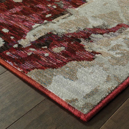7' X 10' Red and Beige Abstract Power Loom Area Rug-3