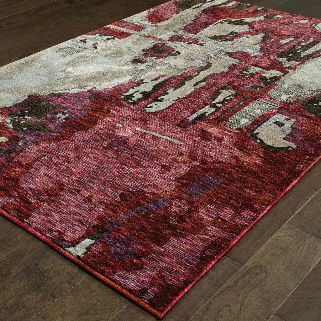 7' X 10' Red and Beige Abstract Power Loom Area Rug-4