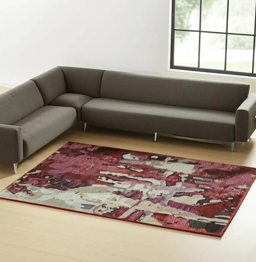 7' X 10' Red and Beige Abstract Power Loom Area Rug-0