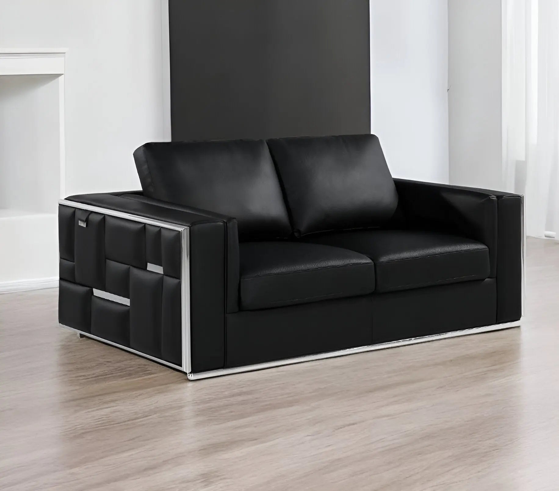 73" Black And Silver Metallic Top Grain Leather Loveseat Homeroots