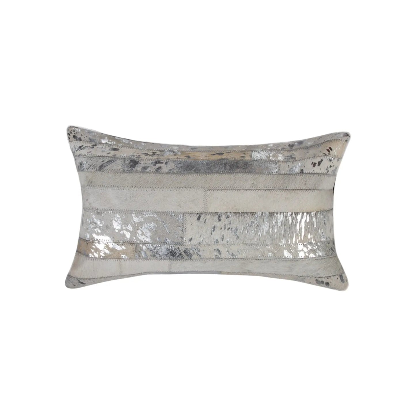 Set of Two 12" X 20" Gray and Silver Striped Cowhide Lumbar Throw Pillows with Glitter Homeroots