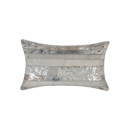 Set of Two 12" X 20" Gray and Silver Striped Cowhide Lumbar Throw Pillows with Glitter Homeroots