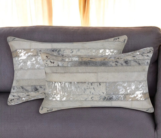 Set of Two 12" X 20" Gray and Silver Striped Cowhide Lumbar Throw Pillows with Glitter Homeroots