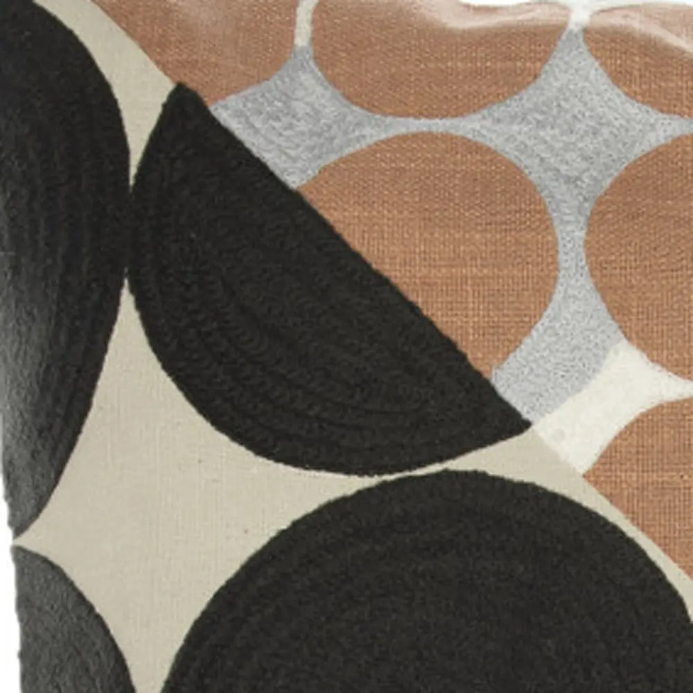 20" Beige and Black Geometric Cotton Throw Pillow With Embroidery Homeroots