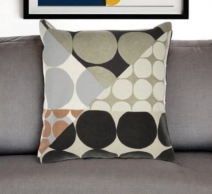 20" Beige and Black Geometric Cotton Throw Pillow With Embroidery Homeroots