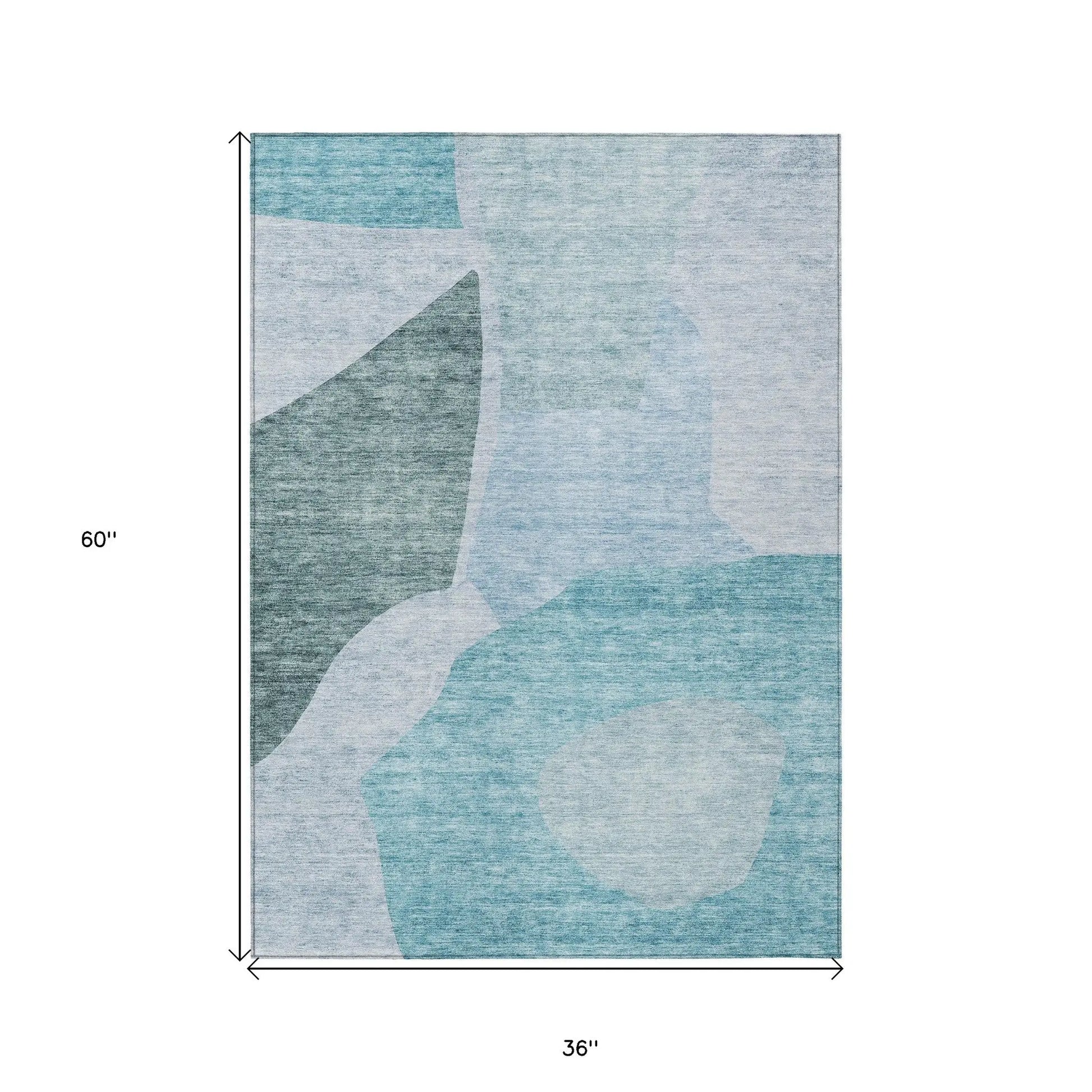 3' X 5' Teal Blue Artichoke Green And Blue Abstract Washable Indoor Outdoor Area Rug Homeroots