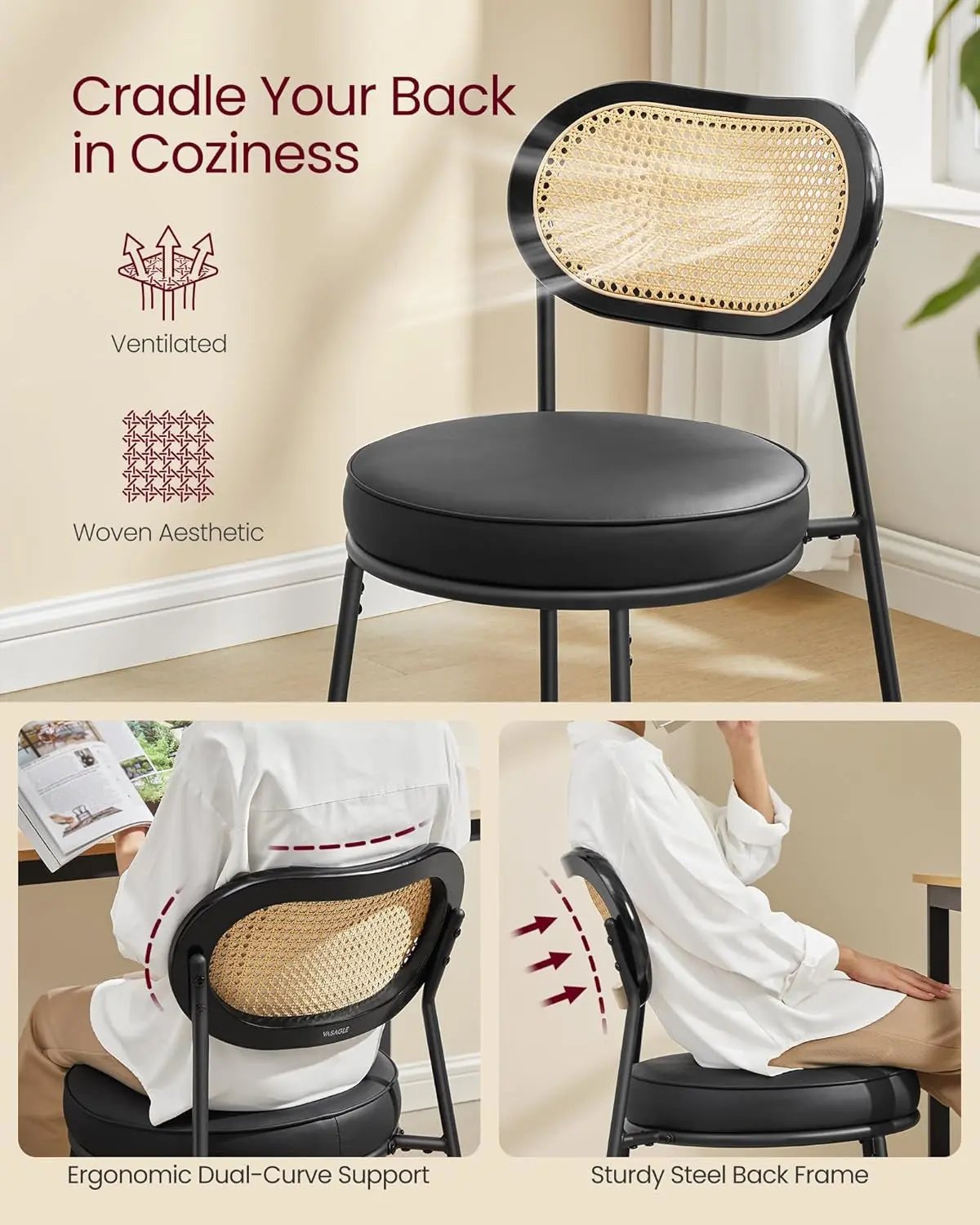 Dining Chairs, Set of 4 Dining Room Chairs with Boho PE Rattan Back, Synthetic Leather Upholstered Accent Chairs for Kitchen Living Room, Ink Black ULDC160B24-3