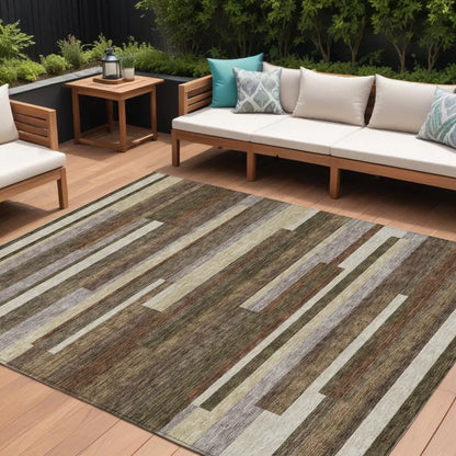 9' X 12' Brown Beige And Copper Striped Washable Indoor Outdoor Area Rug Homeroots