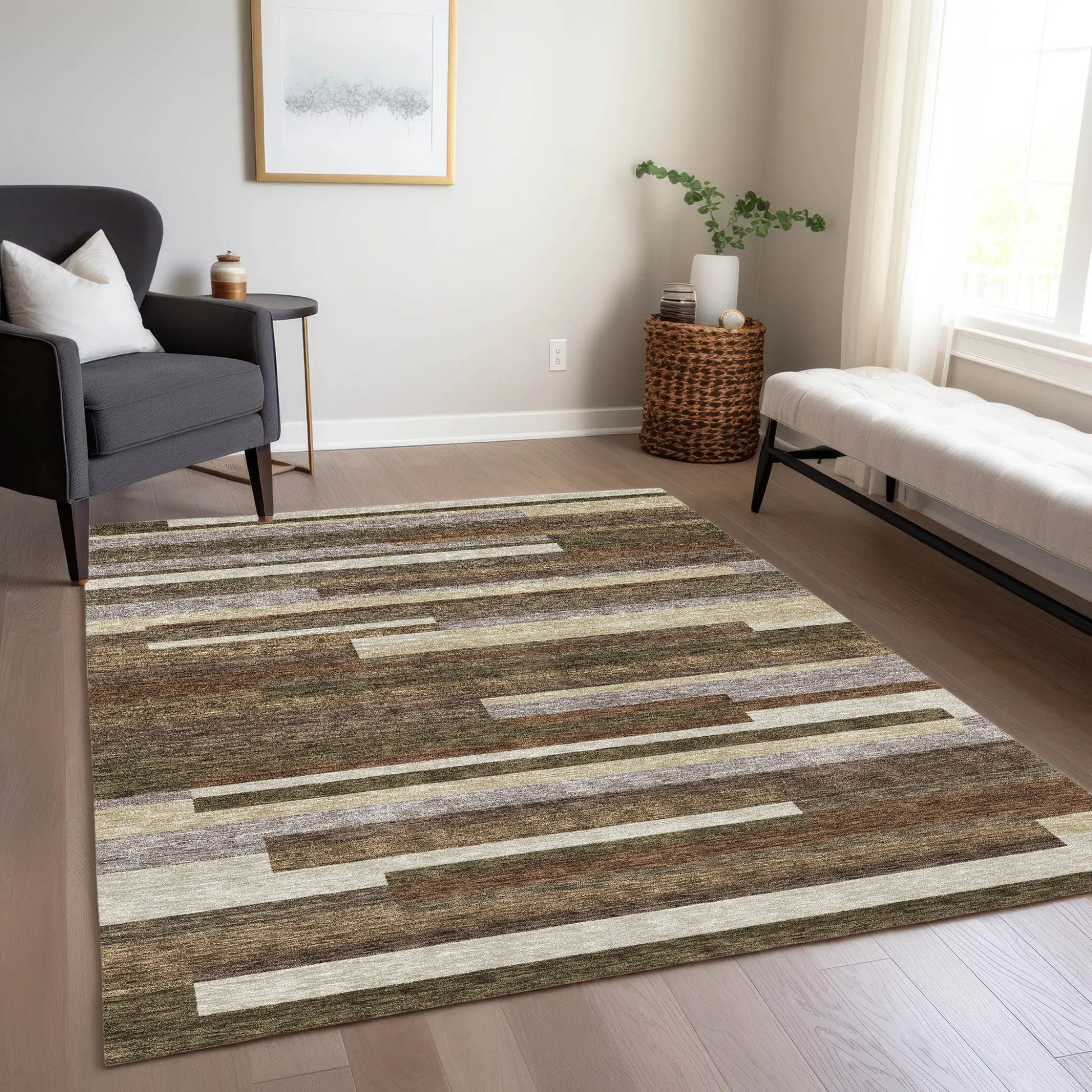 9' X 12' Brown Beige And Copper Striped Washable Indoor Outdoor Area Rug Homeroots