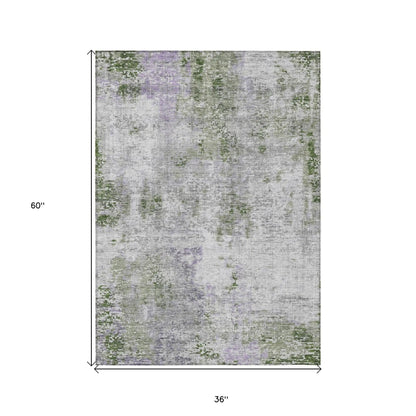 3' X 5' Olive Green And Gray Abstract Washable Indoor Outdoor Area Rug-2