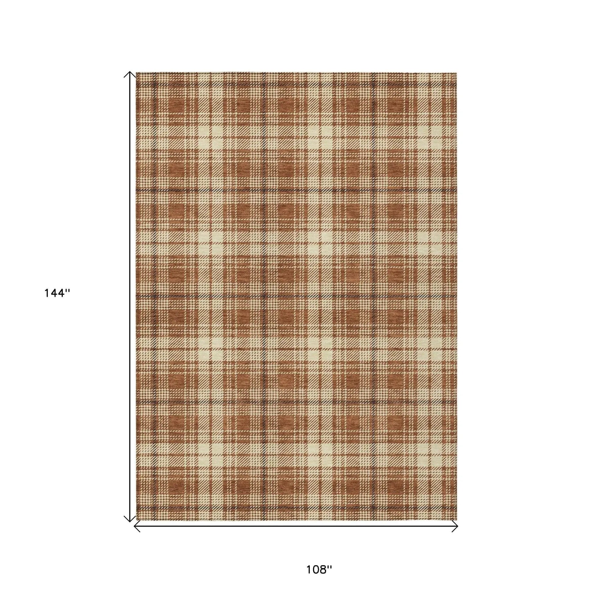 9' X 12' Brown Black And Beige Plaid Washable Indoor Outdoor Area Rug-2