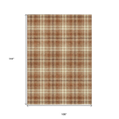 9' X 12' Brown Black And Beige Plaid Washable Indoor Outdoor Area Rug-2