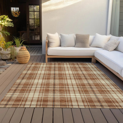9' X 12' Brown Black And Beige Plaid Washable Indoor Outdoor Area Rug-7