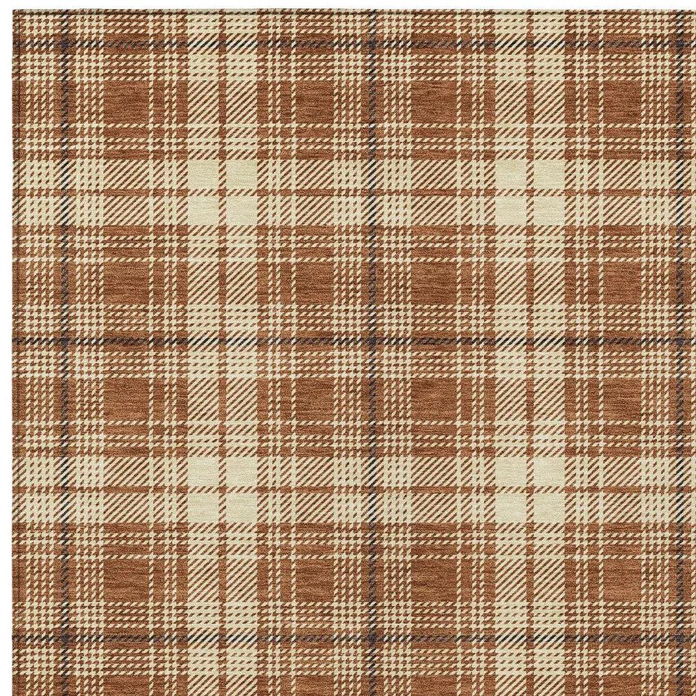 9' X 12' Brown Black And Beige Plaid Washable Indoor Outdoor Area Rug-5