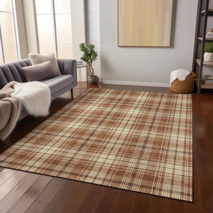 9' X 12' Brown Black And Beige Plaid Washable Indoor Outdoor Area Rug-8
