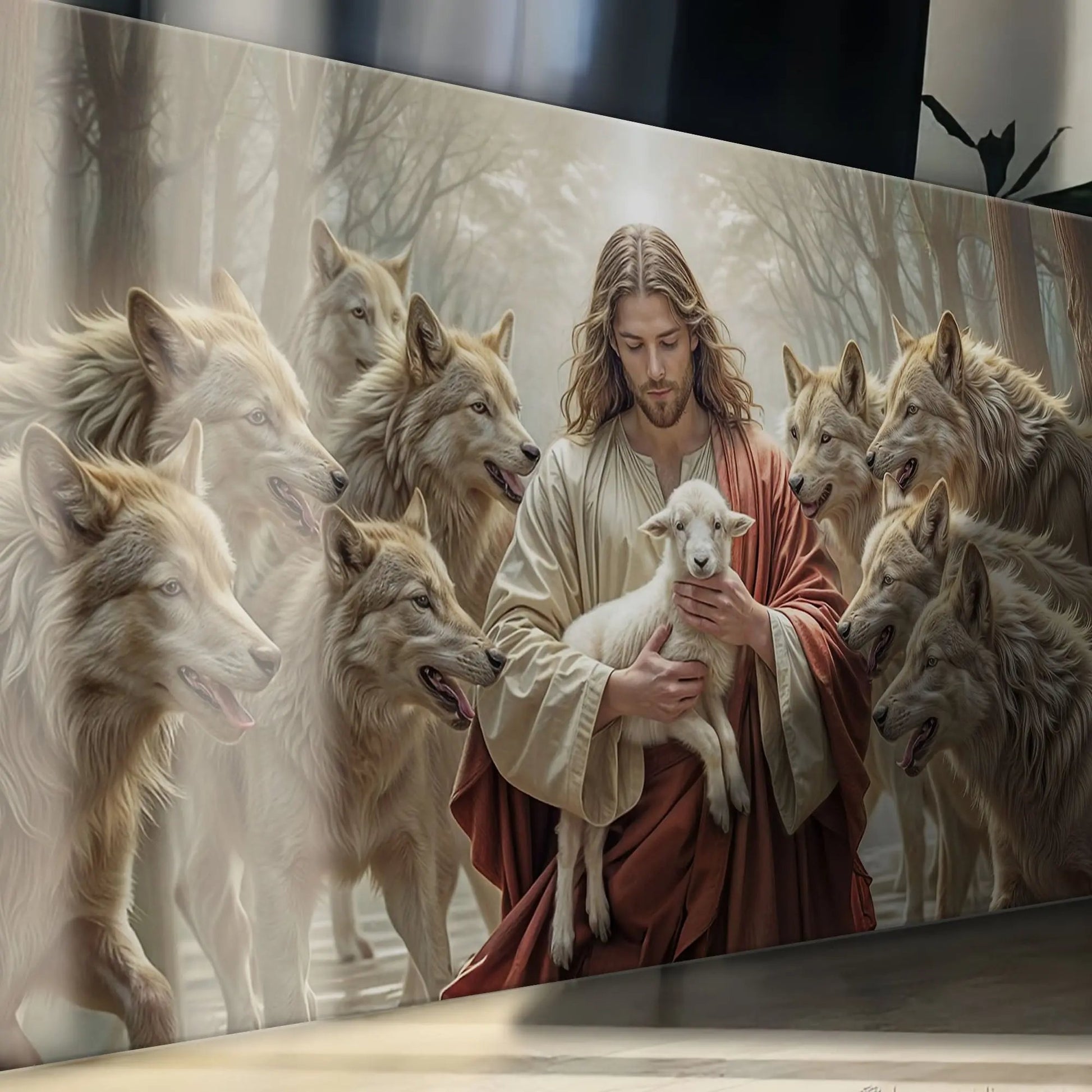 Jesus Protects The Lamb From Wolves Faith Wall Art II Tailored Canvases