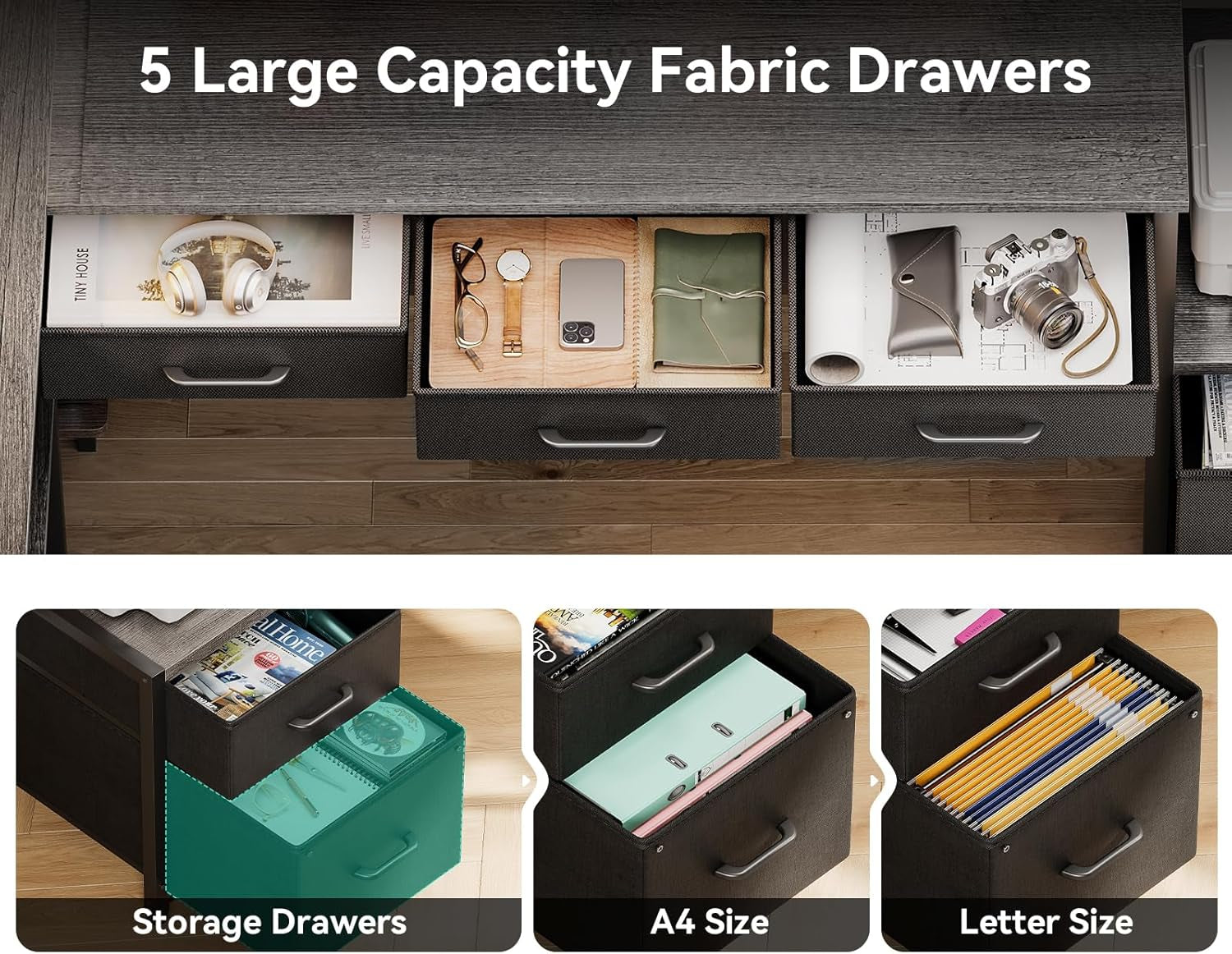 79 Inch L Shaped Desk with File Drawers, Reversible L Shaped Gaming Desk with Power Outlets & LED Lights, Computer Desk with Storage Shelves for Home Office, Grey Oak-3