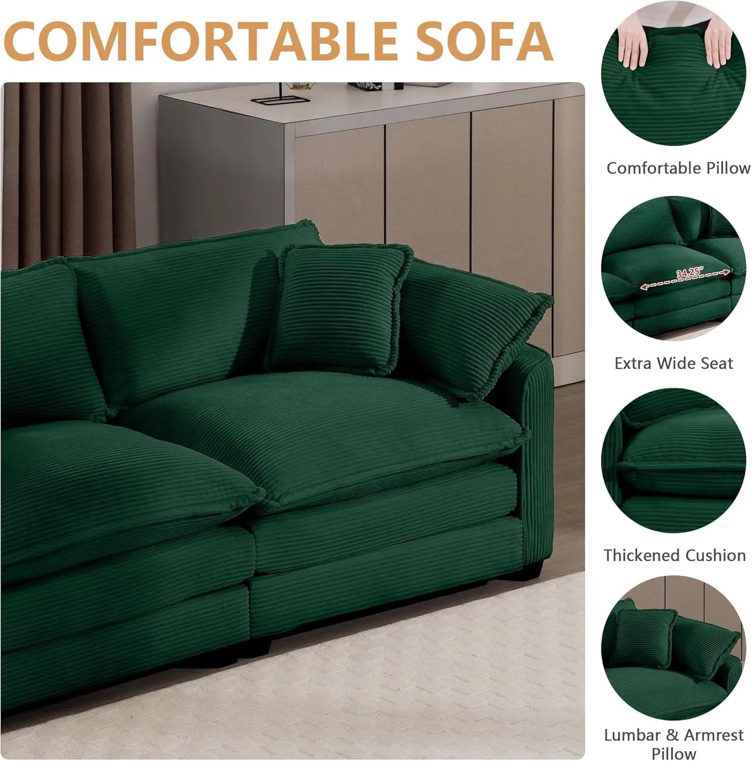 Oversized 2 Piece Sofa Set for Living Room, 3-Seater & Loveseat Couch, Modular Sectional Deep Seat Corduroy Comfy Cloud Couches with 4 Armrest Pillows and 5 Toss Pillows, Green ShipItFurniture