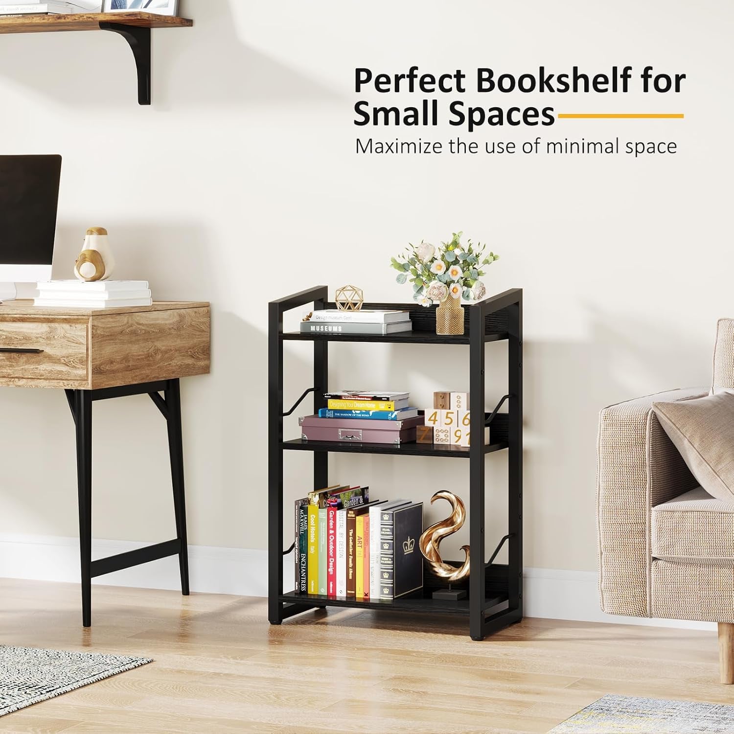Book Shelf Small Bookshelf - 3-Tier Wood Bookcase Industrial Bookshelf Metal Narrow Bookcase Storage Organizer Display Rack for Bedroom Living Room Home Office (Black)-2