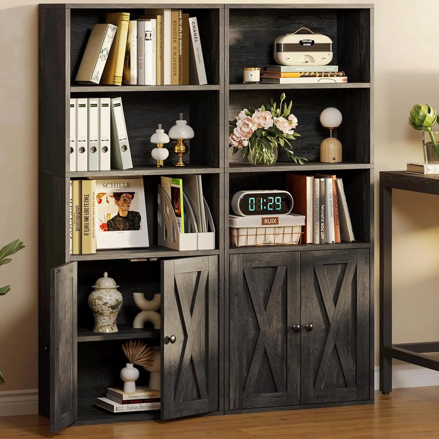 Industrial Bookshelves and Bookcases with Doors 11.8 in Depth Floor Standing 5 Shelf Display Storage Shelves Bookcase Home Decor Furniture for Home, Office, Living Room, Bedroom ShipItFurniture