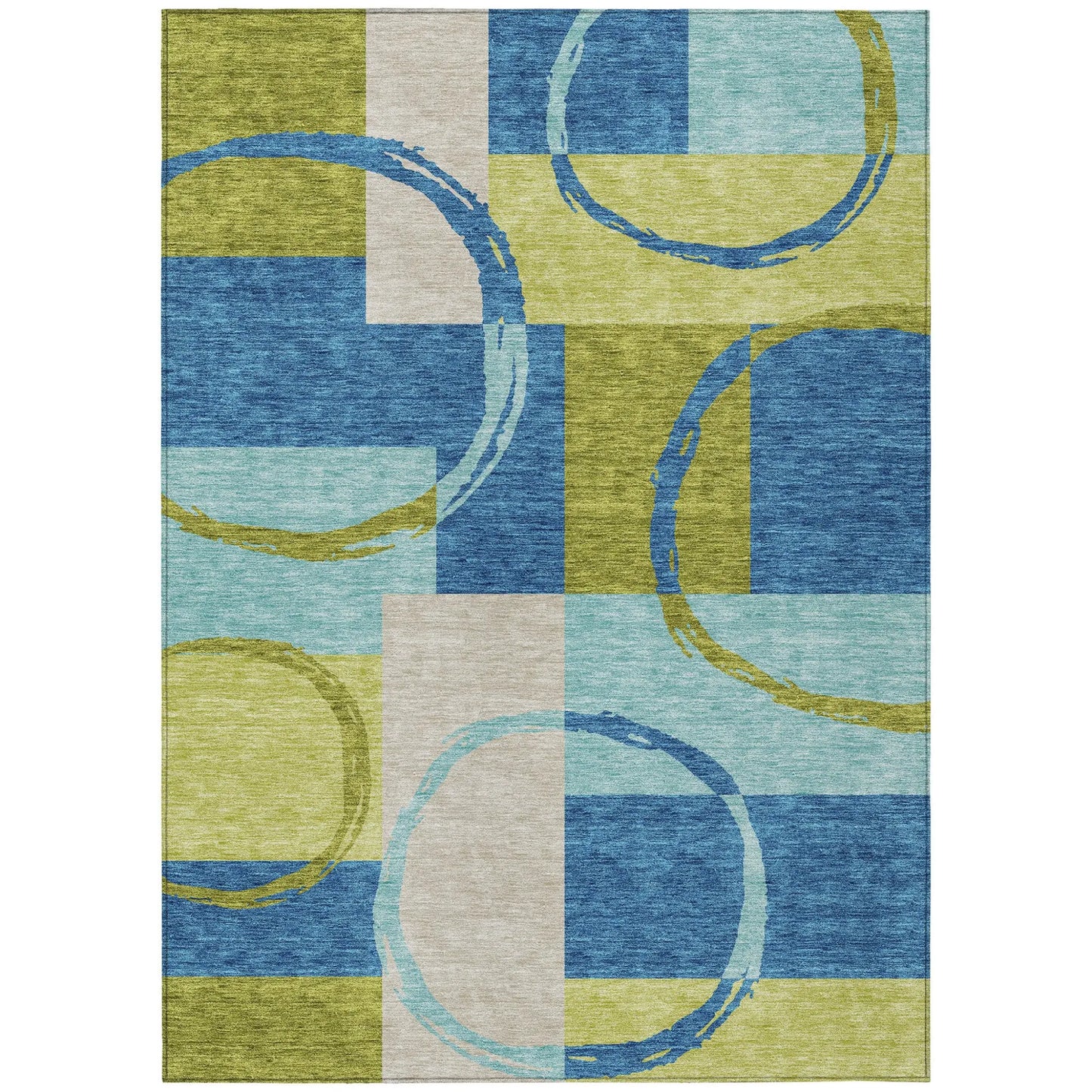5' X 8' Denim Blue And Lime Green Geometric Washable Indoor Outdoor Area Rug Homeroots