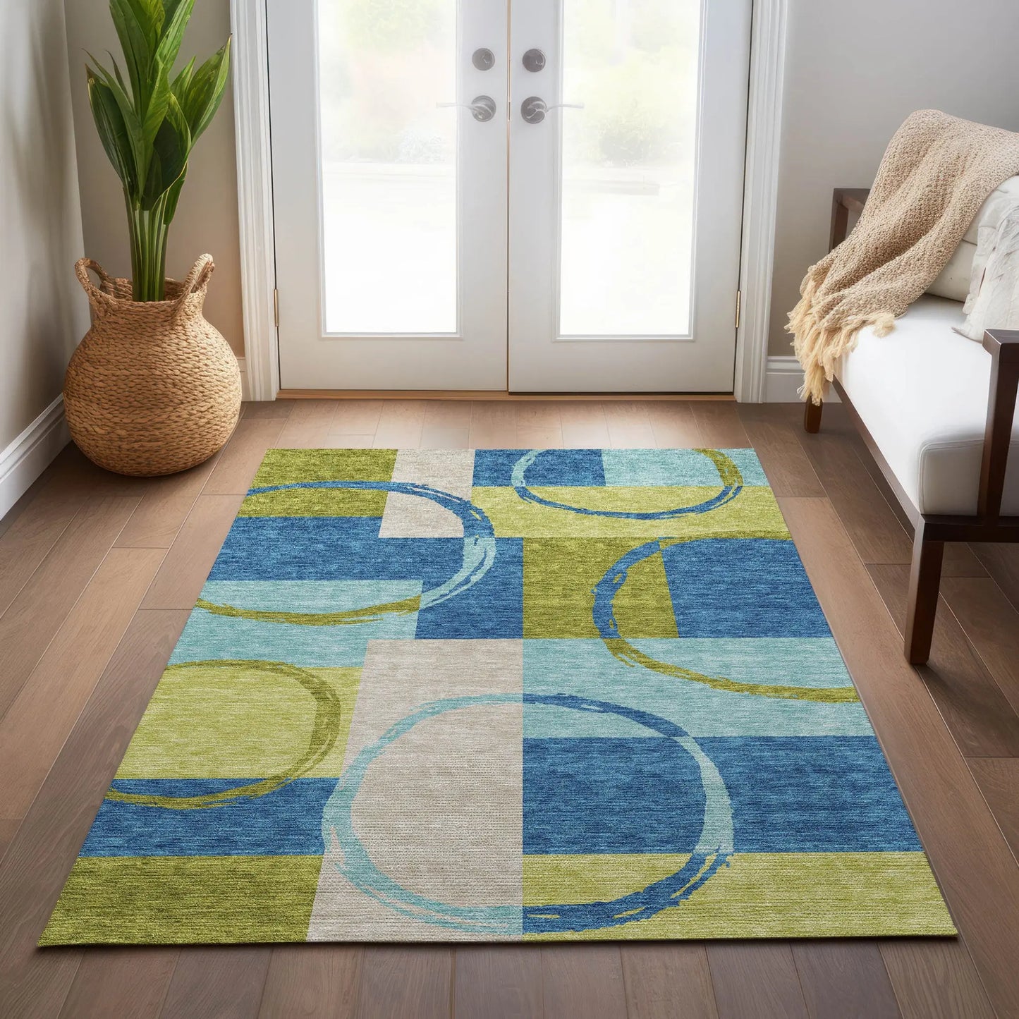5' X 8' Denim Blue And Lime Green Geometric Washable Indoor Outdoor Area Rug Homeroots