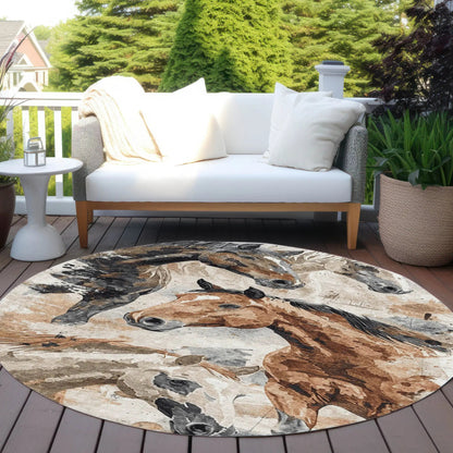 8' Beige Charcoal And Brown Round Horse Washable Indoor Outdoor Area Rug-6