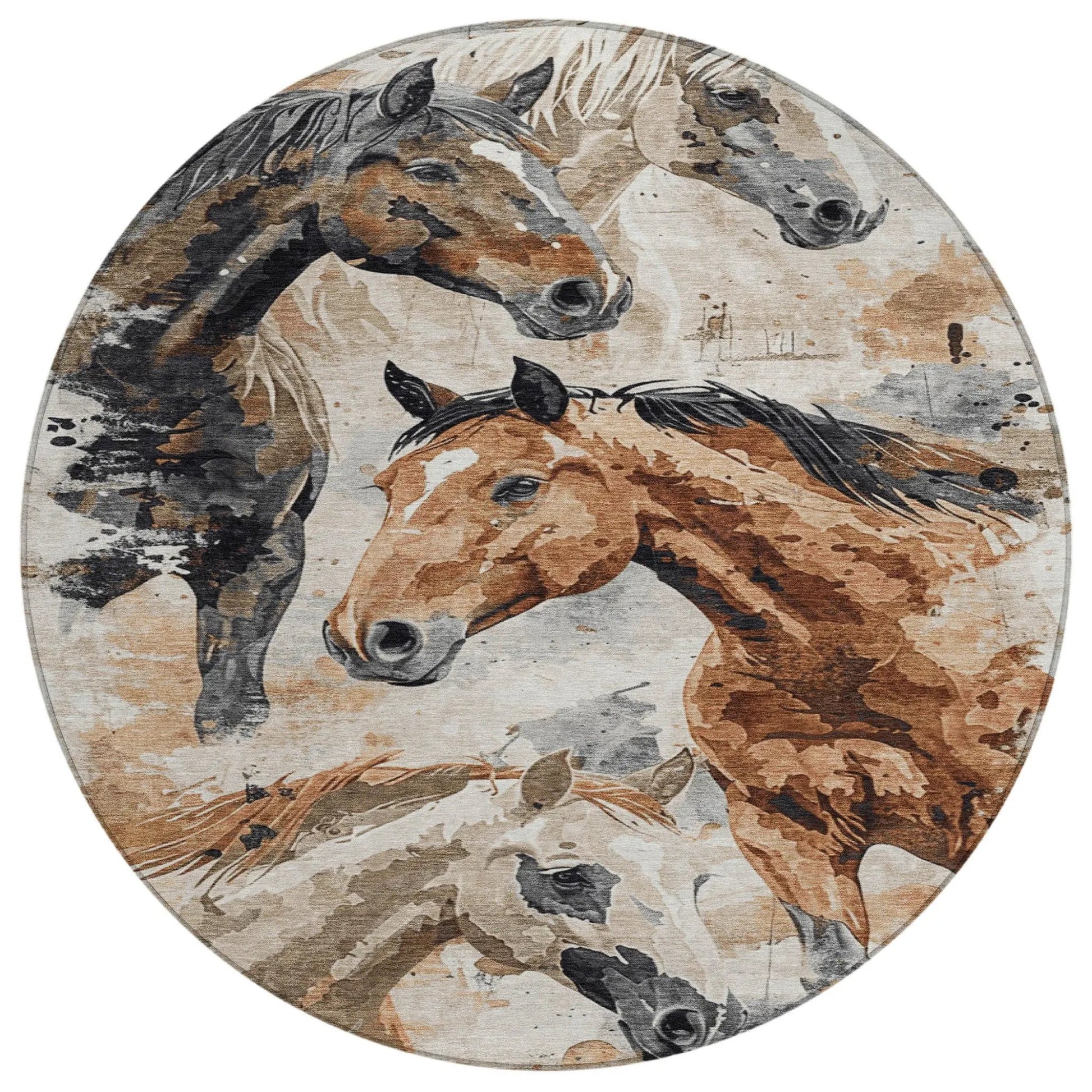 8' Beige Charcoal And Brown Round Horse Washable Indoor Outdoor Area Rug-0