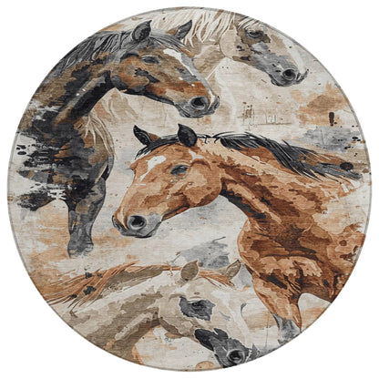 8' Beige Charcoal And Brown Round Horse Washable Indoor Outdoor Area Rug-0