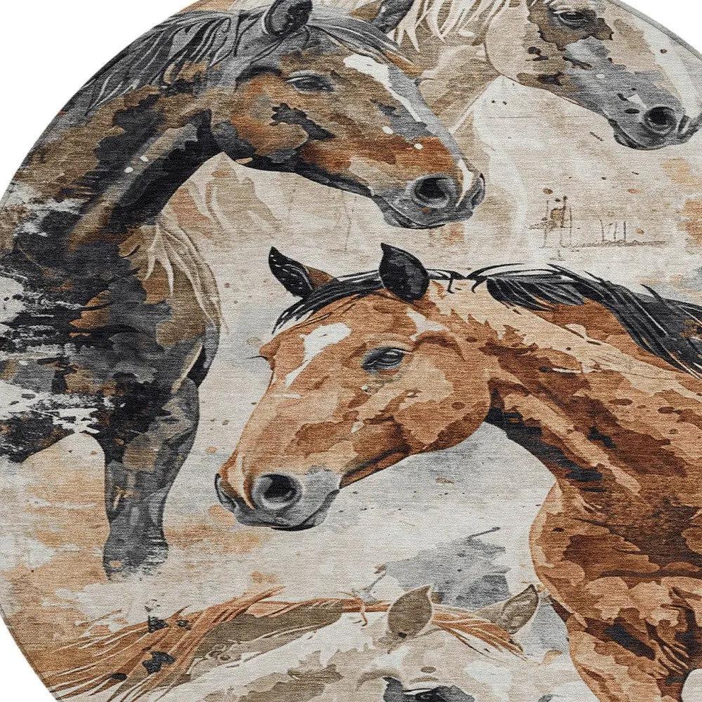 8' Beige Charcoal And Brown Round Horse Washable Indoor Outdoor Area Rug-3