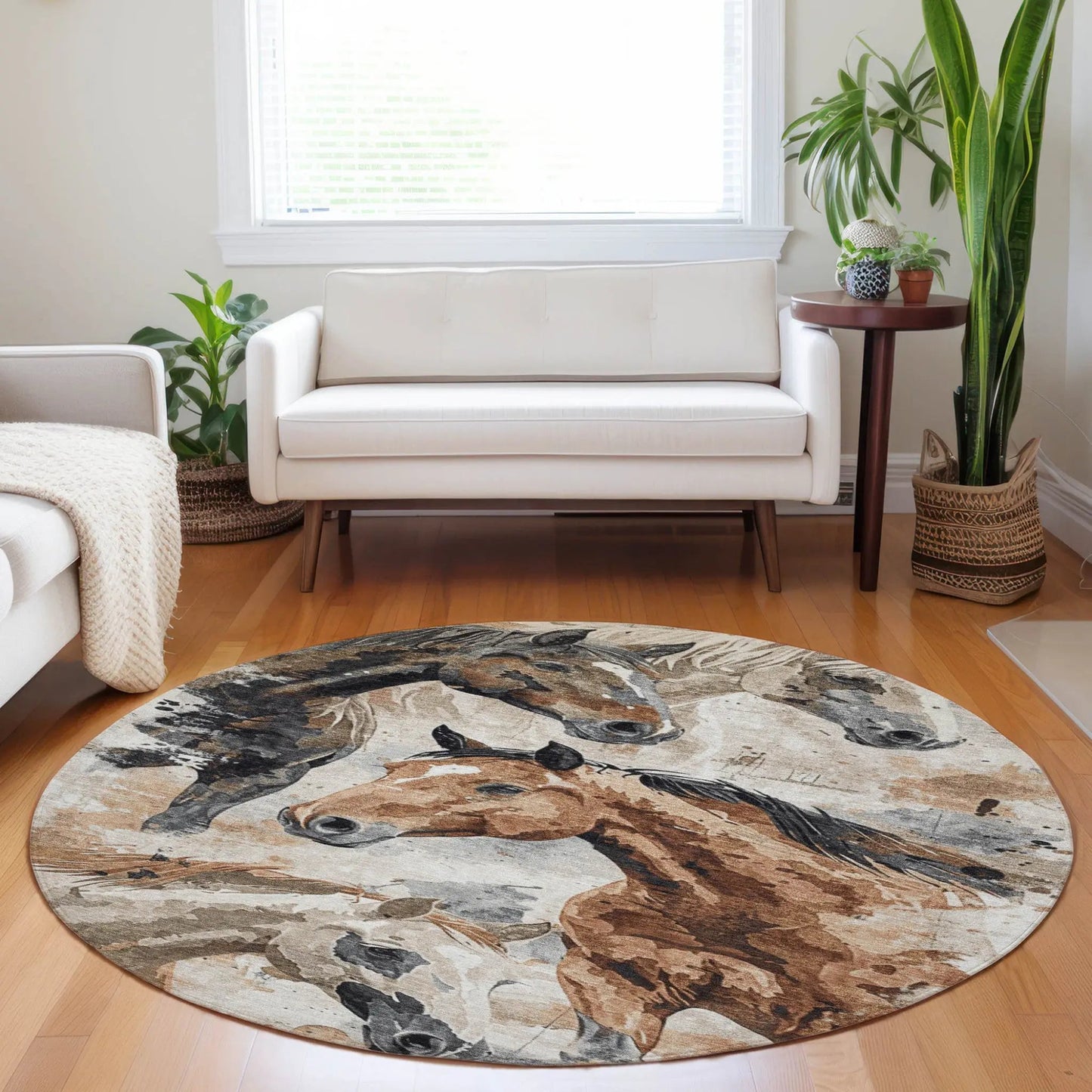 8' Beige Charcoal And Brown Round Horse Washable Indoor Outdoor Area Rug-7